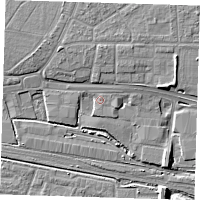 Shaded relief map of the ground around IG110SR, computed from Environment Agency LiDAR. The ground here sits at about 4 m above sea level and falls 11 m across the surrounding 800 m. Surface water reaching this point runs off ground lying to the east-south-east, 1.1 m higher.
