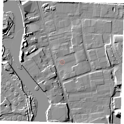 Shaded relief map of the ground around IG110SW, computed from Environment Agency LiDAR. The ground here sits at about 2 m above sea level and falls 18 m across the surrounding 800 m. Surface water reaching this point runs off ground lying to the east-north-east, 1.9 m higher.