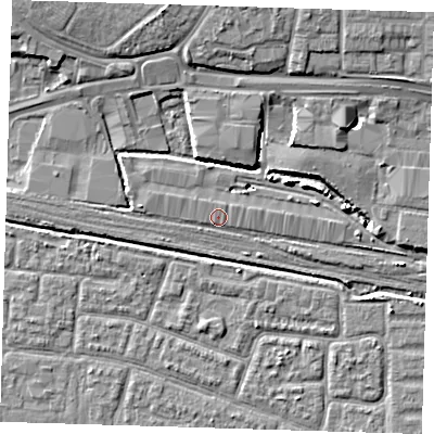 Shaded relief map of the ground around IG110SX, computed from Environment Agency LiDAR. The ground here sits at about 3 m above sea level and falls 8 m across the surrounding 800 m. Surface water reaching this point runs off ground lying to the west, 1.5 m higher.