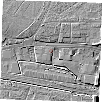 Shaded relief map of the ground around IG110SY, computed from Environment Agency LiDAR. The ground here sits at about 4 m above sea level and falls 11 m across the surrounding 800 m. Surface water reaching this point runs off ground lying to the east-south-east, 1.5 m higher.