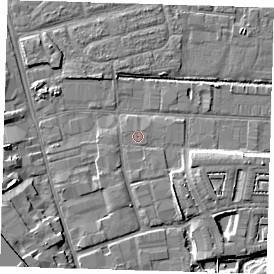 Shaded relief map of the ground around IG110TA, computed from Environment Agency LiDAR. The ground here sits at about 2 m above sea level and falls 10 m across the surrounding 800 m. The ground contributing surface water to this point lies to the south-south-east.