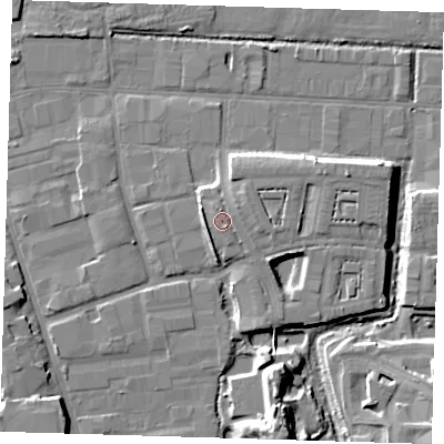 Shaded relief map of the ground around IG110TB, computed from Environment Agency LiDAR. The ground here sits at about 6 m above sea level and falls 11 m across the surrounding 800 m. Surface water reaching this point runs off ground lying to the south-east, 1.2 m higher.
