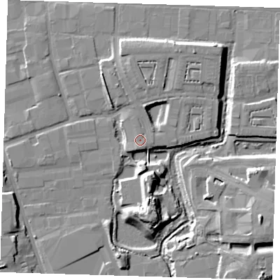 Shaded relief map of the ground around IG110TE, computed from Environment Agency LiDAR. The ground here sits at about 5 m above sea level and falls 13 m across the surrounding 800 m. Surface water reaching this point runs off ground lying to the east, 0.6 m higher.