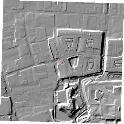 Shaded relief map of the ground around IG110TF, computed from Environment Agency LiDAR. The ground here sits at about 5 m above sea level and falls 13 m across the surrounding 800 m. Surface water reaching this point runs off ground lying to the east-north-east, 4.6 m higher.