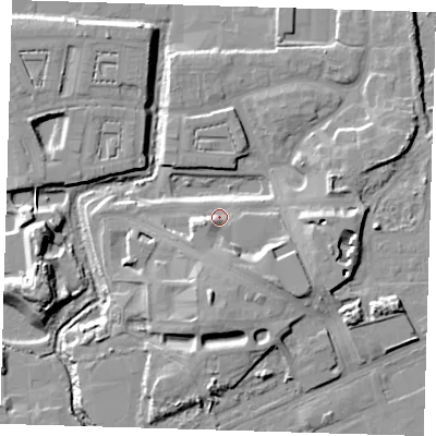 Shaded relief map of the ground around IG110TH, computed from Environment Agency LiDAR. The ground here sits at about 6 m above sea level and falls 13 m across the surrounding 800 m. Surface water reaching this point runs off ground lying to the south-east, 5.7 m higher.