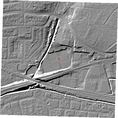 Shaded relief map of the ground around IG110TJ, computed from Environment Agency LiDAR. The ground here sits at about 1 m above sea level and falls 9 m across the surrounding 800 m. Surface water reaching this point runs off ground lying to the south-west, 7.7 m higher.