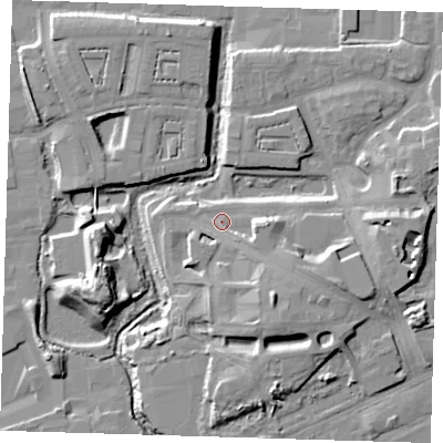 Shaded relief map of the ground around IG110TN, computed from Environment Agency LiDAR. The ground here sits at about 5 m above sea level and falls 13 m across the surrounding 800 m. Surface water reaching this point runs off ground lying to the south-east, 7.1 m higher.
