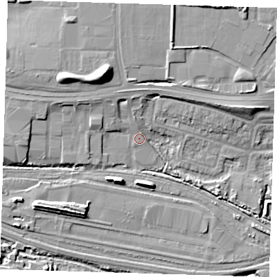 Shaded relief map of the ground around IG110TP, computed from Environment Agency LiDAR. The ground here sits at about 3 m above sea level and falls 14 m across the surrounding 800 m. Surface water reaching this point runs off ground lying to the north, 3.4 m higher.