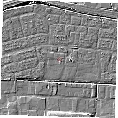 Shaded relief map of the ground around IG110TR, computed from Environment Agency LiDAR. The ground here sits at about 2 m above sea level and falls 8 m across the surrounding 800 m. Surface water reaching this point runs off ground lying to the west-north-west, 0.6 m higher.