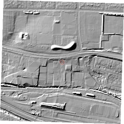 Shaded relief map of the ground around IG110TT, computed from Environment Agency LiDAR. The ground here sits at about 4 m above sea level and falls 13 m across the surrounding 800 m. Surface water reaching this point runs off ground lying to the north, 2.4 m higher.