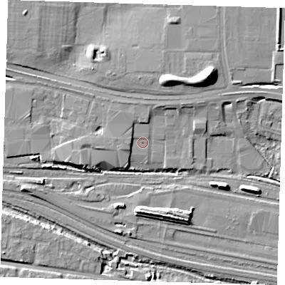 Shaded relief map of the ground around IG110TW, computed from Environment Agency LiDAR. The ground here sits at about 3 m above sea level and falls 13 m across the surrounding 800 m. Surface water reaching this point runs off ground lying to the north-north-east, 2.6 m higher.