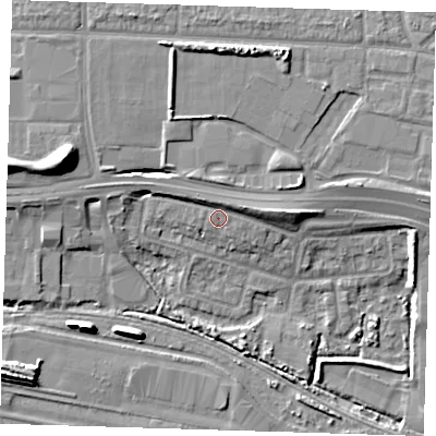 Shaded relief map of the ground around IG110TY, computed from Environment Agency LiDAR. The ground here sits at about 5 m above sea level and falls 14 m across the surrounding 800 m. Surface water reaching this point runs off ground lying to the north, 2.1 m higher.