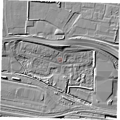 Shaded relief map of the ground around IG110UA, computed from Environment Agency LiDAR. The ground here sits at about 3 m above sea level and falls 16 m across the surrounding 800 m. Surface water reaching this point runs off ground lying to the north, 6.2 m higher.