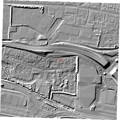 Shaded relief map of the ground around IG110UB, computed from Environment Agency LiDAR. The ground here sits at about 3 m above sea level and falls 10 m across the surrounding 800 m. Surface water reaching this point runs off ground lying to the east-north-east, 3.5 m higher.