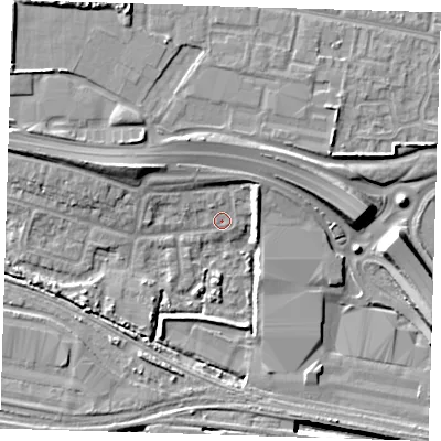 Shaded relief map of the ground around IG110UD, computed from Environment Agency LiDAR. The ground here sits at about 2 m above sea level and falls 16 m across the surrounding 800 m. Surface water reaching this point runs off ground lying to the north-east, 4.6 m higher.