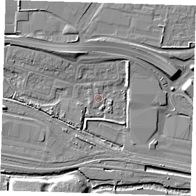 Shaded relief map of the ground around IG110UE, computed from Environment Agency LiDAR. The ground here sits at about 1 m above sea level and falls 15 m across the surrounding 800 m. Surface water reaching this point runs off ground lying to the north-north-west, 8.7 m higher.