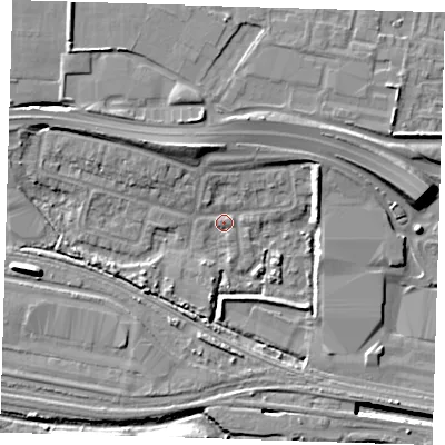 Shaded relief map of the ground around IG110UG, computed from Environment Agency LiDAR. The ground here sits at about 2 m above sea level and falls 15 m across the surrounding 800 m. Surface water reaching this point runs off ground lying to the north-west, 7.2 m higher.
