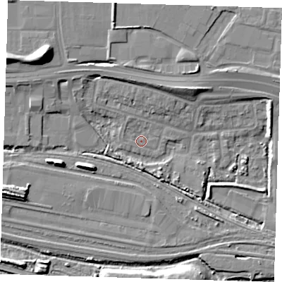 Shaded relief map of the ground around IG110UH, computed from Environment Agency LiDAR. The ground here sits at about 2 m above sea level and falls 14 m across the surrounding 800 m. Surface water reaching this point runs off ground lying to the north-north-west, 1.6 m higher.