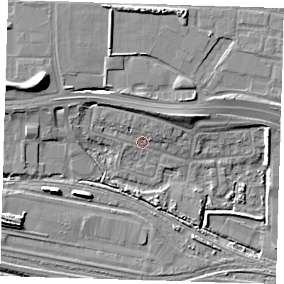 Shaded relief map of the ground around IG110UJ, computed from Environment Agency LiDAR. The ground here sits at about 3 m above sea level and falls 14 m across the surrounding 800 m. Surface water reaching this point runs off ground lying to the north-north-west, 2.4 m higher.