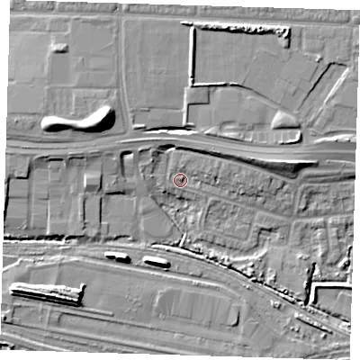Shaded relief map of the ground around IG110UL, computed from Environment Agency LiDAR. The ground here sits at about 4 m above sea level and falls 14 m across the surrounding 800 m. Surface water reaching this point runs off ground lying to the east-north-east, 4.3 m higher.
