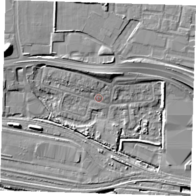 Shaded relief map of the ground around IG110UQ, computed from Environment Agency LiDAR. The ground here sits at about 2 m above sea level and falls 19 m across the surrounding 800 m. Surface water reaching this point runs off ground lying to the north-north-west, 2.8 m higher.