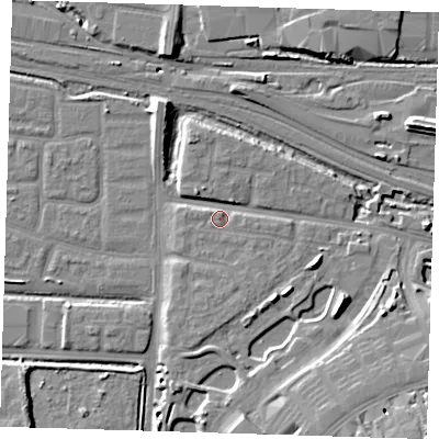 Shaded relief map of the ground around IG110XE, computed from Environment Agency LiDAR. The ground here sits at about 4 m above sea level and falls 15 m across the surrounding 800 m. Surface water reaching this point runs off ground lying to the west, 1.8 m higher.