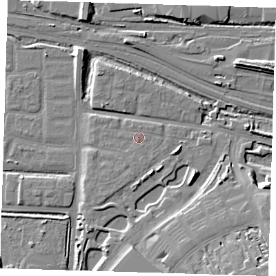 Shaded relief map of the ground around IG110XG, computed from Environment Agency LiDAR. The ground here sits at about 4 m above sea level and falls 16 m across the surrounding 800 m. Surface water reaching this point runs off ground lying to the south-south-east, 1.0 m higher.