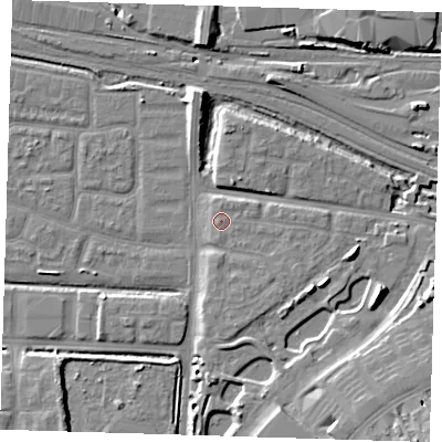 Shaded relief map of the ground around IG110XH, computed from Environment Agency LiDAR. The ground here sits at about 4 m above sea level and falls 14 m across the surrounding 800 m. Surface water reaching this point runs off ground lying to the south-east, 1.1 m higher.