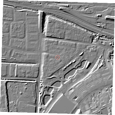 Shaded relief map of the ground around IG110XJ, computed from Environment Agency LiDAR. The ground here sits at about 5 m above sea level and falls 18 m across the surrounding 800 m. Surface water reaching this point runs off ground lying to the south, 1.1 m higher.
