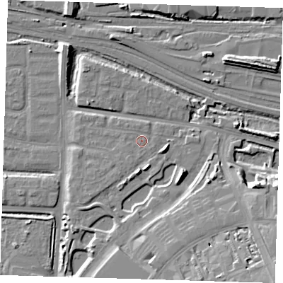 Shaded relief map of the ground around IG110XQ, computed from Environment Agency LiDAR. The ground here sits at about 4 m above sea level and falls 18 m across the surrounding 800 m. Surface water reaching this point runs off ground lying to the south-south-west, 1.2 m higher.