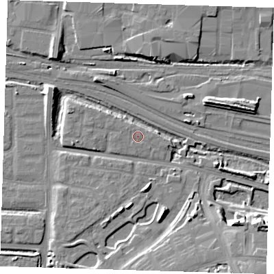 Shaded relief map of the ground around IG110XR, computed from Environment Agency LiDAR. The ground here sits at about 3 m above sea level and falls 16 m across the surrounding 800 m. Surface water reaching this point runs off ground lying to the west, 0.9 m higher.