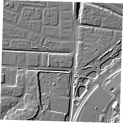Shaded relief map of the ground around IG110XS, computed from Environment Agency LiDAR. The ground here sits at about 4 m above sea level and falls 12 m across the surrounding 800 m. Surface water reaching this point runs off ground lying to the west, 0.9 m higher.