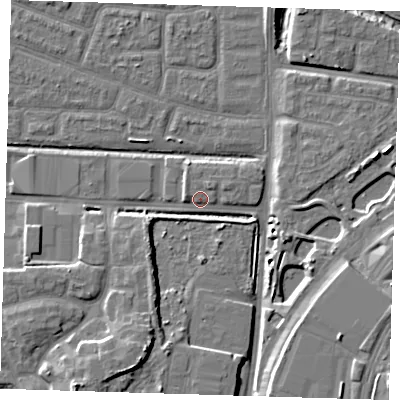 Shaded relief map of the ground around IG110XT, computed from Environment Agency LiDAR. The ground here sits at about 4 m above sea level and falls 11 m across the surrounding 800 m. Surface water reaching this point runs off ground lying to the east-north-east, 1.2 m higher.