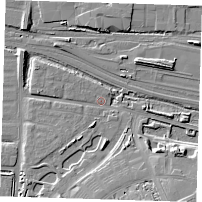 Shaded relief map of the ground around IG110XU, computed from Environment Agency LiDAR. The ground here sits at about 3 m above sea level and falls 17 m across the surrounding 800 m. Surface water reaching this point runs off ground lying to the south-west, 2.3 m higher.