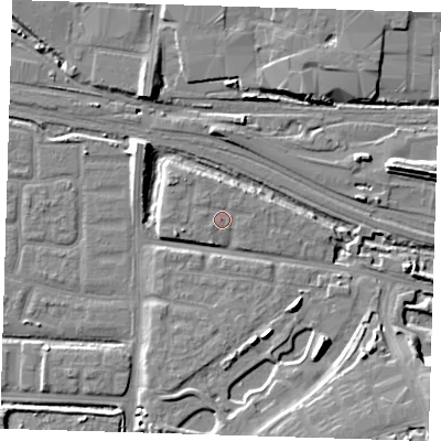 Shaded relief map of the ground around IG110XW, computed from Environment Agency LiDAR. The ground here sits at about 4 m above sea level and falls 13 m across the surrounding 800 m. Surface water reaching this point runs off ground lying to the north-west, 1.7 m higher.