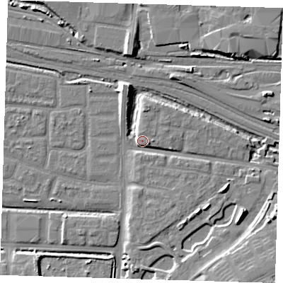 Shaded relief map of the ground around IG110XZ, computed from Environment Agency LiDAR. The ground here sits at about 4 m above sea level and falls 12 m across the surrounding 800 m. Surface water reaching this point runs off ground lying to the north-north-west, 5.7 m higher.