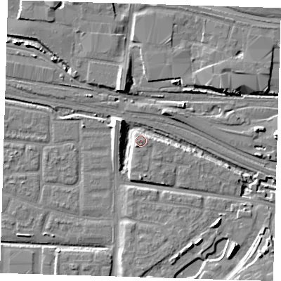 Shaded relief map of the ground around IG110YA, computed from Environment Agency LiDAR. The ground here sits at about 5 m above sea level and falls 12 m across the surrounding 800 m. Surface water reaching this point runs off ground lying to the south-east, 8.0 m higher.