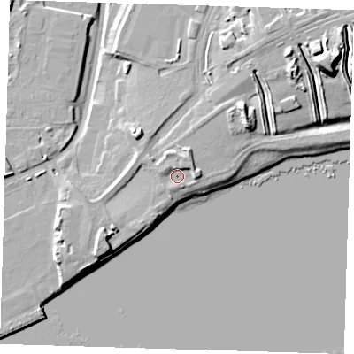 Shaded relief map of the ground around IG110YP, computed from Environment Agency LiDAR. The ground here sits at about 8 m above sea level and falls 19 m across the surrounding 800 m. Surface water reaching this point runs off ground lying to the north-north-west, 2.1 m higher.