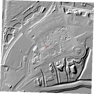 Shaded relief map of the ground around IG110ZA, computed from Environment Agency LiDAR. The ground here sits at about 12 m above sea level and falls 20 m across the surrounding 800 m. Surface water reaching this point runs off ground lying to the east-south-east, 3.9 m higher.