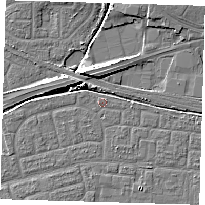 Shaded relief map of the ground around IG110ZL, computed from Environment Agency LiDAR. The ground here sits at about 2 m above sea level and falls 9 m across the surrounding 800 m. Surface water reaching this point runs off ground lying to the west, 1.2 m higher.