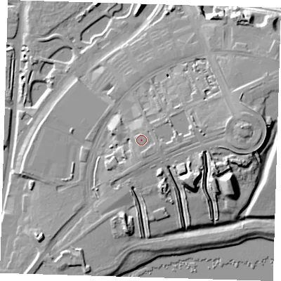 Shaded relief map of the ground around IG110ZP, computed from Environment Agency LiDAR. The ground here sits at about 13 m above sea level and falls 20 m across the surrounding 800 m. Surface water reaching this point runs off ground lying to the east-south-east, 1.5 m higher.