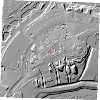 Shaded relief map of the ground around IG110ZW, computed from Environment Agency LiDAR. The ground here sits at about 13 m above sea level and falls 20 m across the surrounding 800 m. Surface water reaching this point runs off ground lying to the east-south-east, 2.6 m higher.