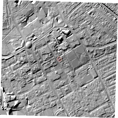 Shaded relief map of the ground around IG117AD, computed from Environment Agency LiDAR. The ground here sits at about 6 m above sea level and falls 11 m across the surrounding 800 m. Surface water reaching this point runs off ground lying to the north-north-west, 2.9 m higher.