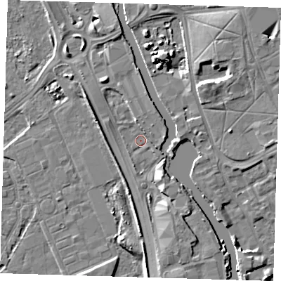 Shaded relief map of the ground around IG117BA, computed from Environment Agency LiDAR. The ground here sits at about 3 m above sea level and falls 8 m across the surrounding 800 m. Surface water reaching this point runs off ground lying to the south-south-east, 4.1 m higher.