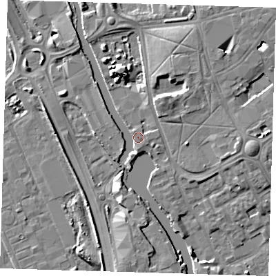 Shaded relief map of the ground around IG117BB, computed from Environment Agency LiDAR. The ground here sits at about 5 m above sea level and falls 8 m across the surrounding 800 m. Surface water reaching this point runs off ground lying to the south, 2.2 m higher.
