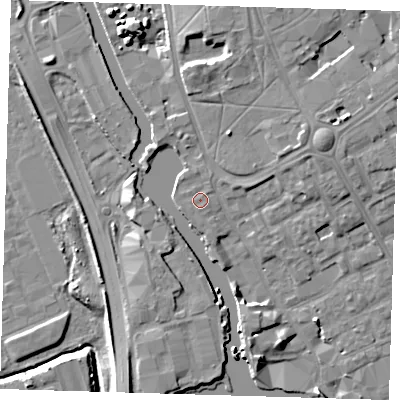 Shaded relief map of the ground around IG117BD, computed from Environment Agency LiDAR. The ground here sits at about 4 m above sea level and falls 9 m across the surrounding 800 m. Surface water reaching this point runs off ground lying to the south-west, 0.7 m higher.