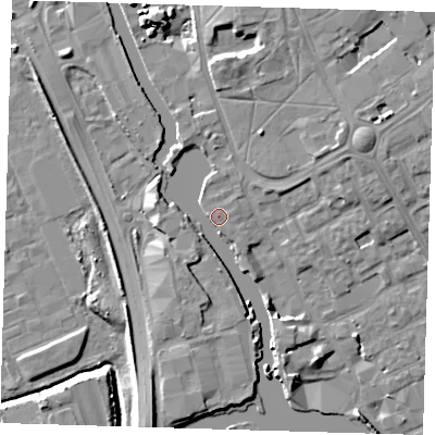 Shaded relief map of the ground around IG117BE, computed from Environment Agency LiDAR. The ground here sits at about 4 m above sea level and falls 9 m across the surrounding 800 m. Surface water reaching this point runs off ground lying to the east-north-east, 6.0 m higher.