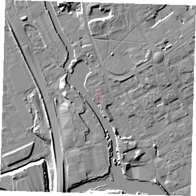 Shaded relief map of the ground around IG117BF, computed from Environment Agency LiDAR. The ground here sits at about 4 m above sea level and falls 10 m across the surrounding 800 m. Surface water reaching this point runs off ground lying to the north-east, 6.0 m higher.