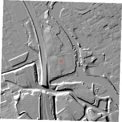 Shaded relief map of the ground around IG117BG, computed from Environment Agency LiDAR. The ground here sits at about 6 m above sea level and falls 16 m across the surrounding 800 m. Surface water reaching this point runs off ground lying to the south, 1.4 m higher.