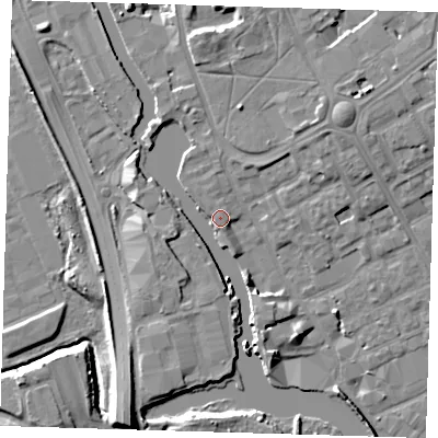 Shaded relief map of the ground around IG117BH, computed from Environment Agency LiDAR. The ground here sits at about 4 m above sea level and falls 10 m across the surrounding 800 m. Surface water reaching this point runs off ground lying to the north-east, 6.0 m higher.